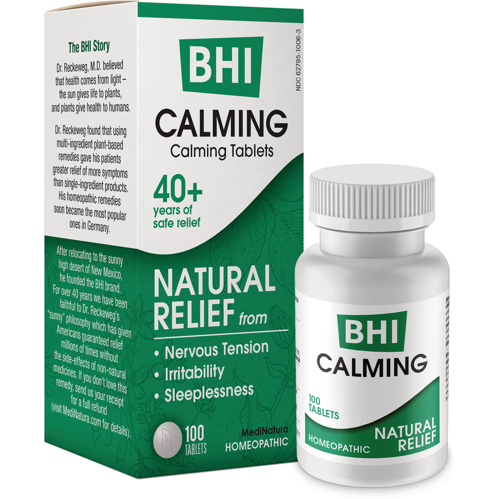MNA030 | BHI Calming tablets box, green and white packaging stating natural relief for nervous tension, irritability, sleeplessness, 100 tablets - Thumbnail