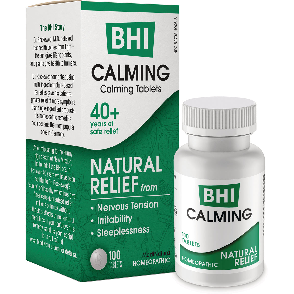 MNA030 | BHI Calming tablets box, green and white packaging stating natural relief for nervous tension, irritability, sleeplessness, 100 tablets