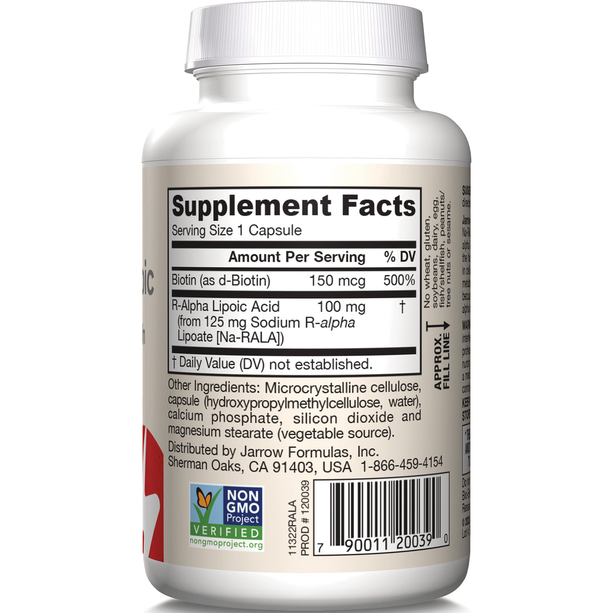 JR230 | Back label showing Supplement Facts panel listing biotin 150 mcg and R-Alpha Lipoic Acid 100 mg, ingredients, barcode, Non-GMO seal