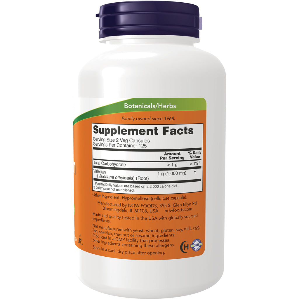 NWF716 | Back of white supplement bottle with purple cap showing orange label and Supplement Facts panel listing Valerian 1 g - Thumbnail