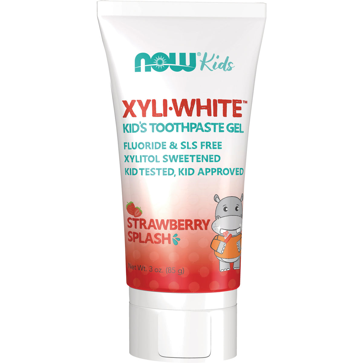 NWF1181 | NOW Kids XYLI-WHITE strawberry splash kid's toothpaste gel tube front