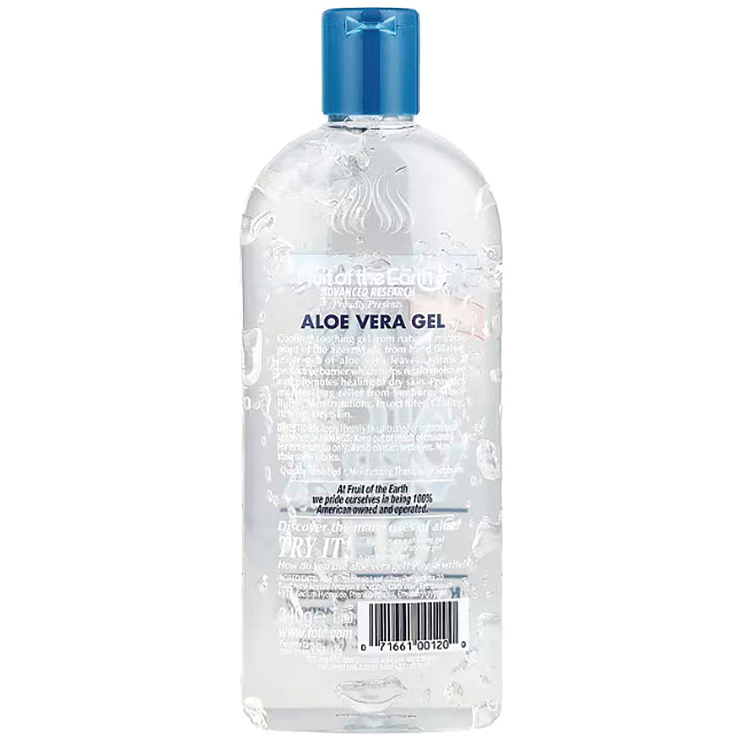 FE003 | Back label of clear aloe vera gel bottle showing ALOE VERA GEL text, ingredients and barcode