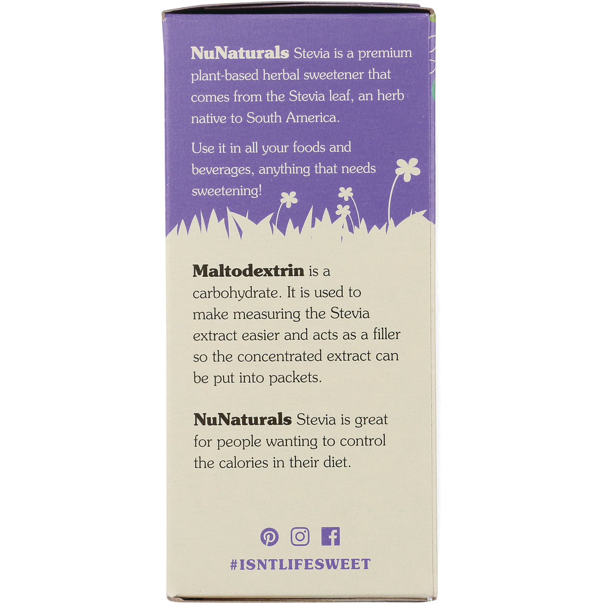 NN046 | product side panel describing NuNaturals stevia and maltodextrin with hashtag ISNTLIFESWEET