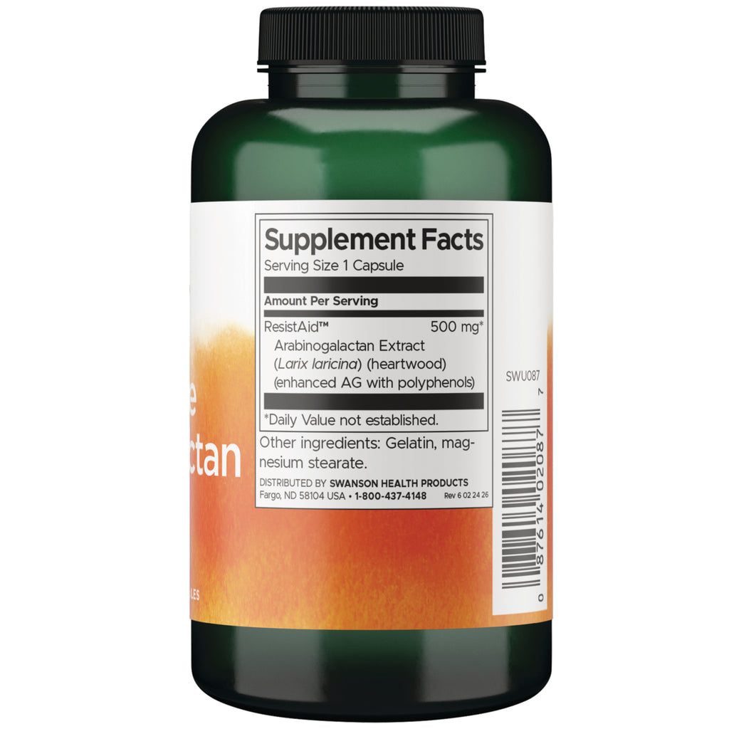 SWU087 | Back label Supplement Facts panel for ResistAid Arabinogalactan 500 mg, serving size 1 capsule - Thumbnail