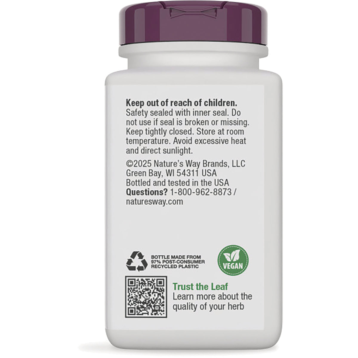 NW872 | Back of white supplement bottle showing safety warnings, manufacturer info, vegan and recycle icons, QR code