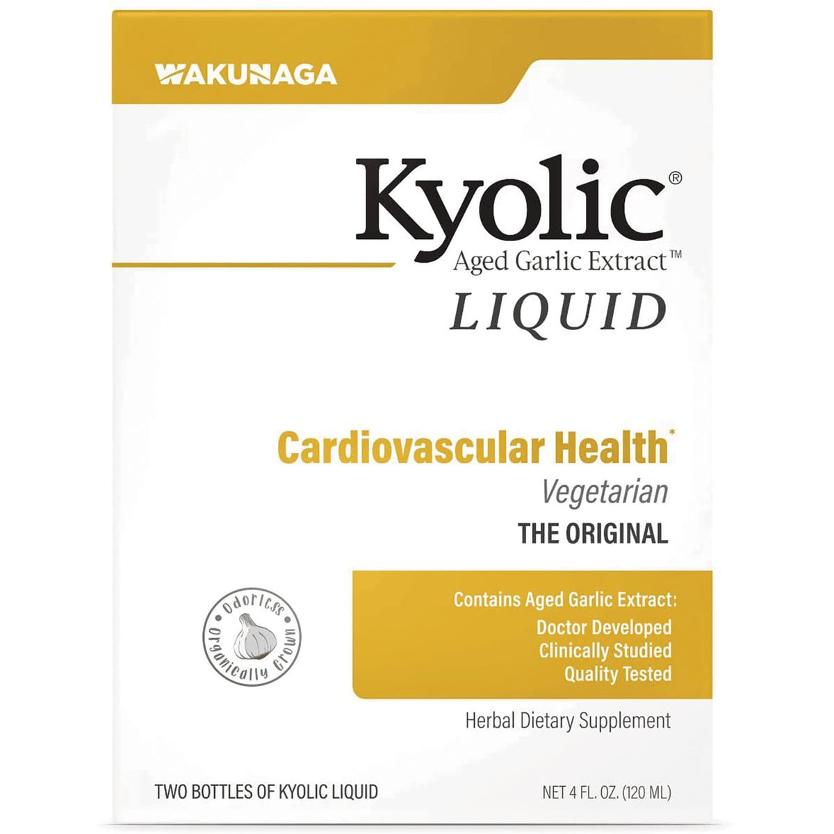KY005 | Kyolic liquid aged garlic extract box labeled Cardiovascular Health Vegetarian THE ORIGINAL, front packaging