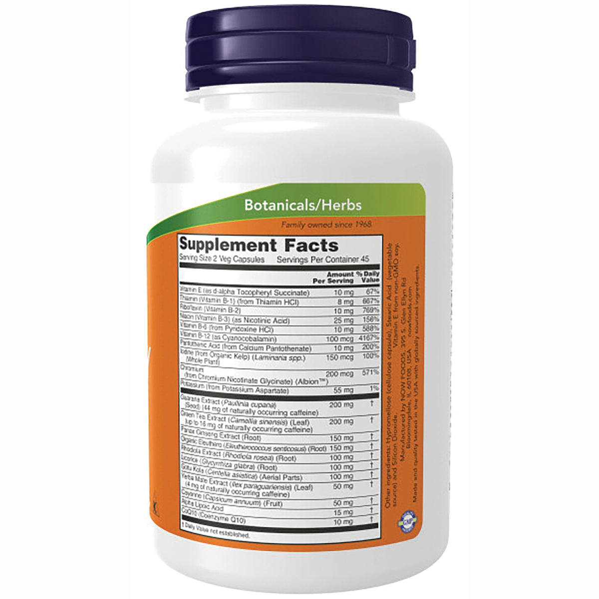 NWF387 | Back of white supplement bottle showing Botanicals/Herbs header and Supplement Facts panel