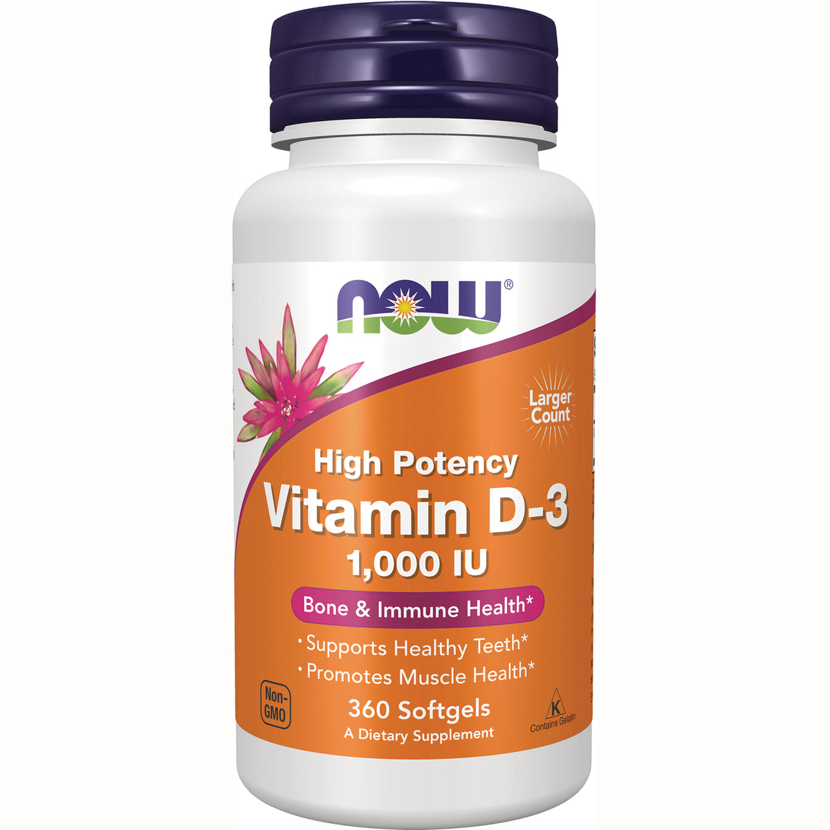 NWF514 | NOW High Potency Vitamin D-3 1,000 IU bottle, 360 softgels, orange label for bone & immune health