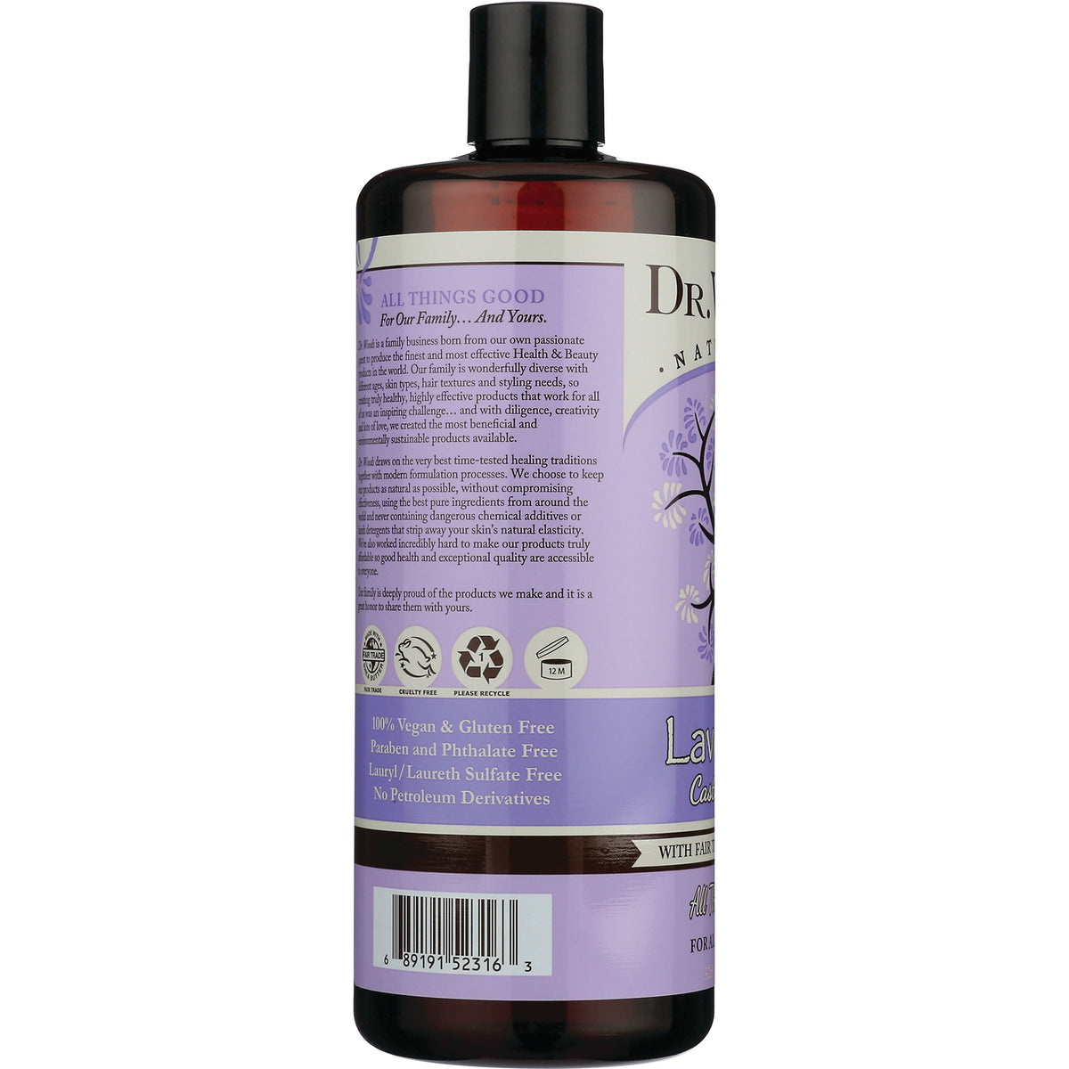 DRW029 | Back of lavender shampoo bottle showing ingredients, vegan and gluten free claims, and barcode