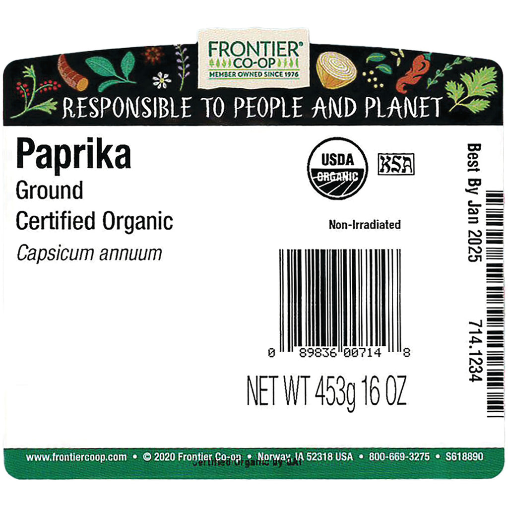 FNP070 | Back label for Frontier Co-op Paprika Ground certified organic with USDA badge, barcode, NET WT 453g 16 OZ, Best By Jan 2025 - Thumbnail
