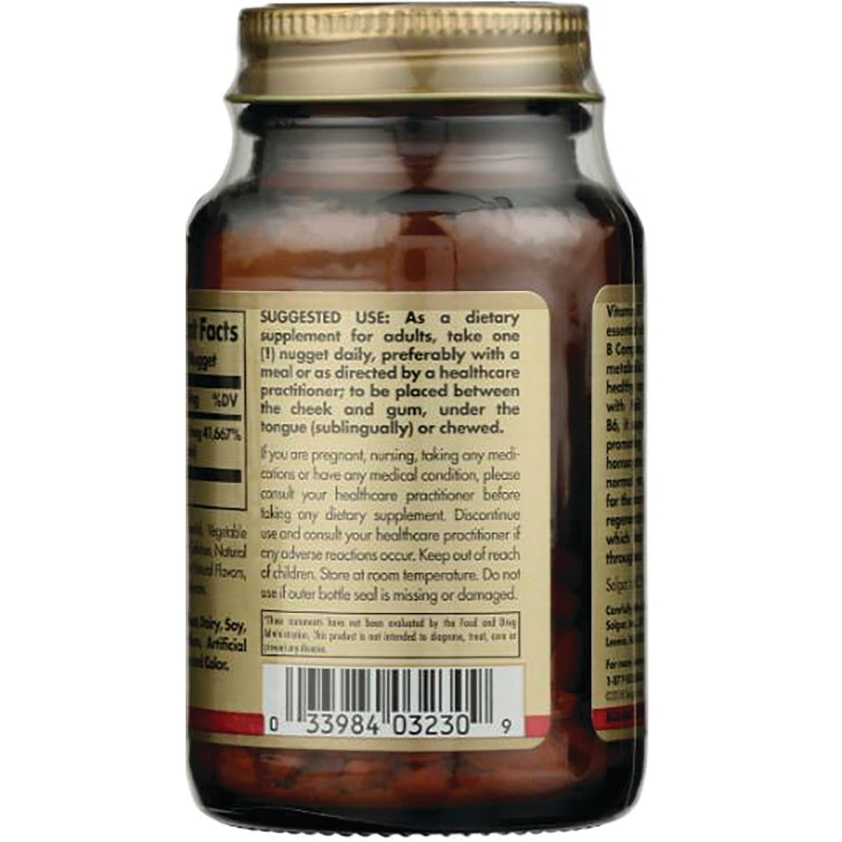 SLG304 | Back label of brown supplement bottle showing suggested use instructions and barcode