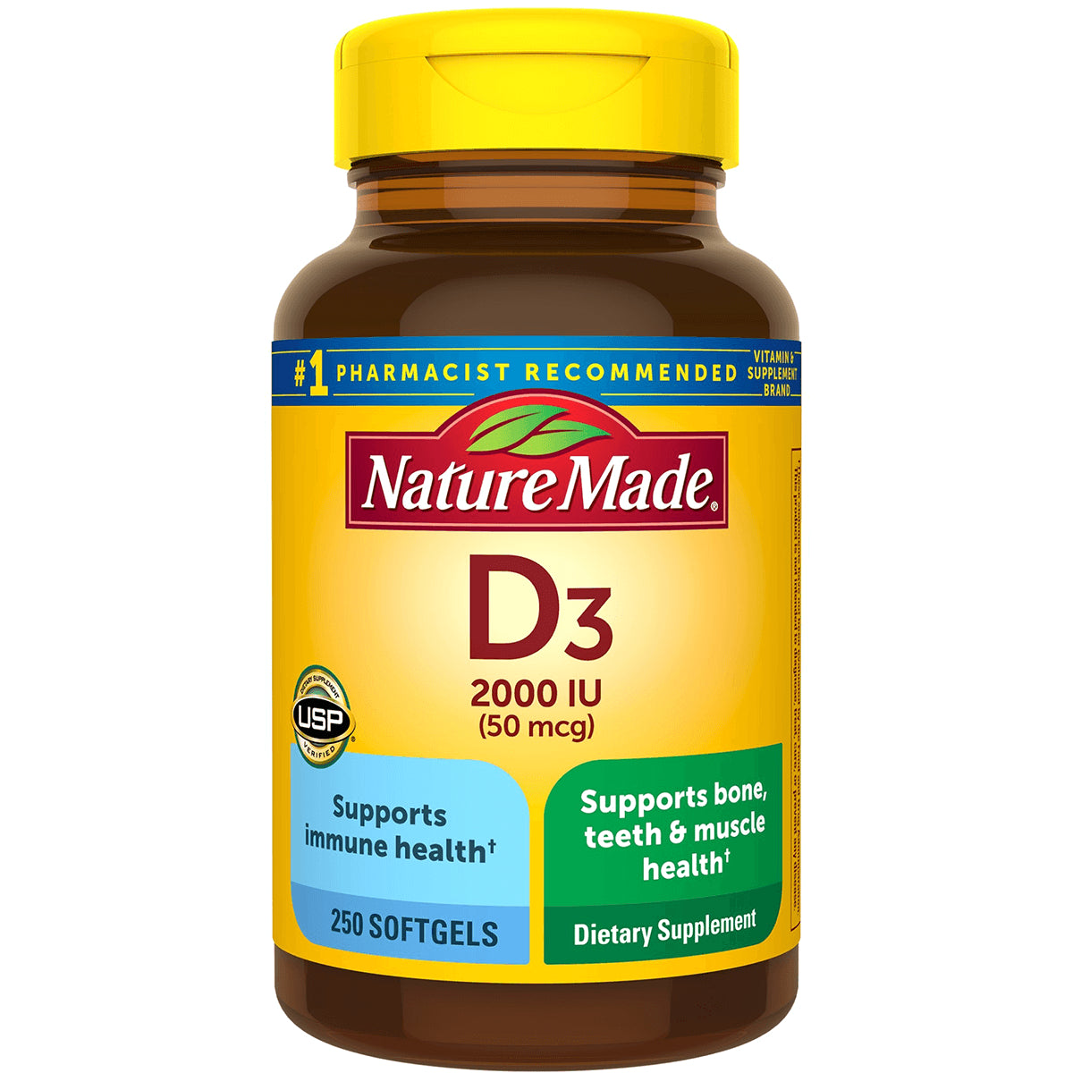 NTM054 | Nature Made D3 2000 IU (50 mcg) bottle, 250 softgels, yellow label dietary supplement