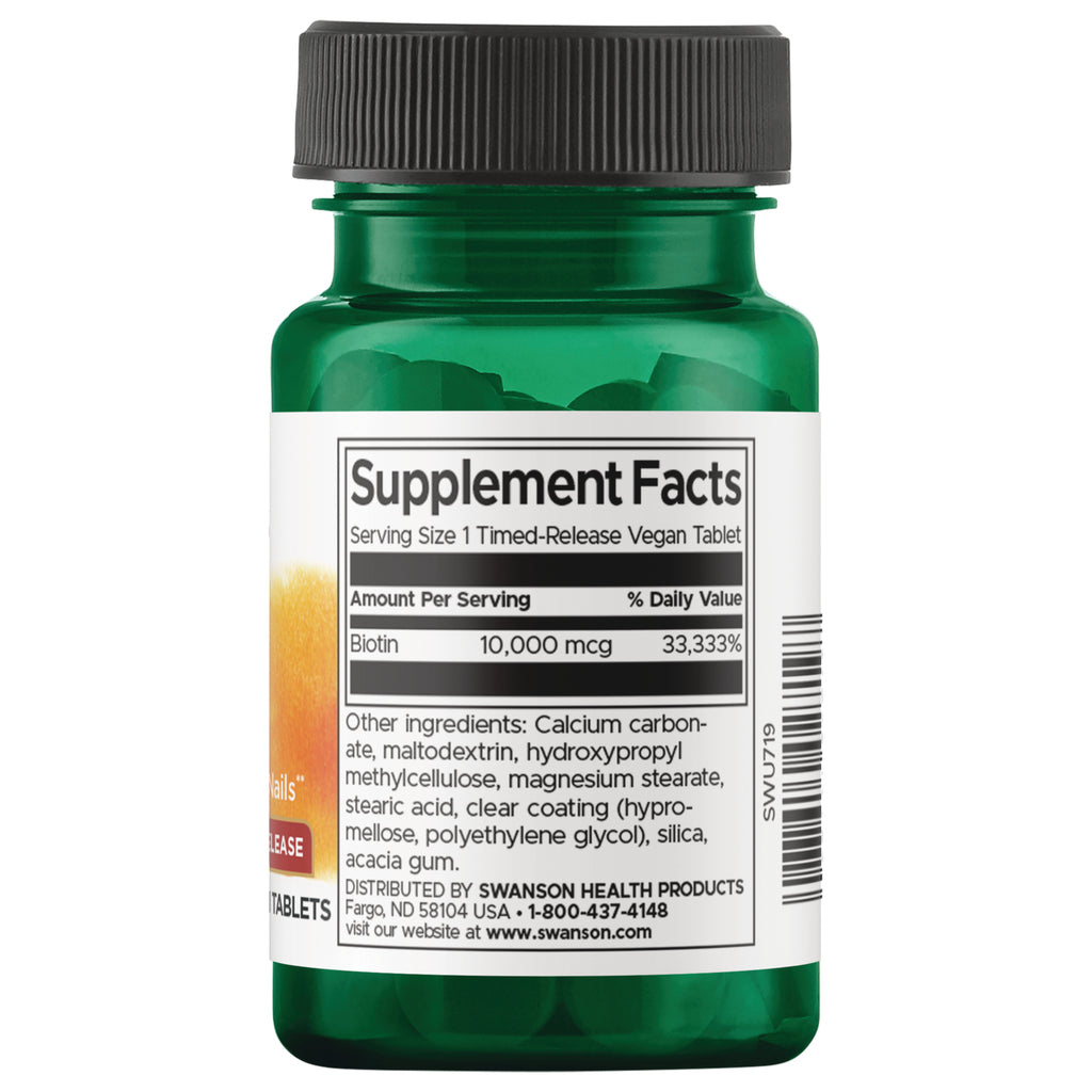 SWU719 | Back label with Supplement Facts: Biotin 10,000 mcg; serving size 1 timed-release vegan tablet - Thumbnail