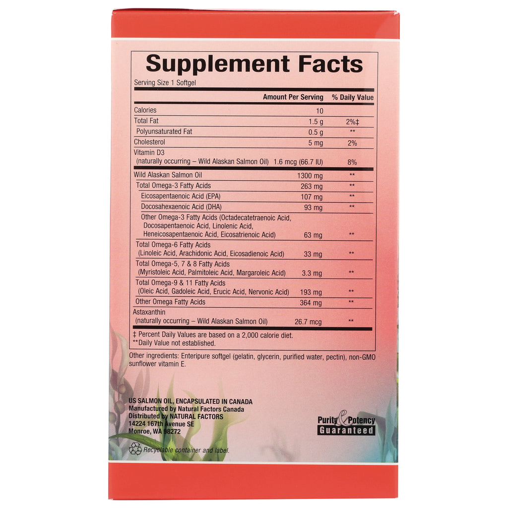 NFC162 | Supplement facts panel on back of pink box listing Wild Alaskan Salmon Oil and omega-3 amounts - Thumbnail