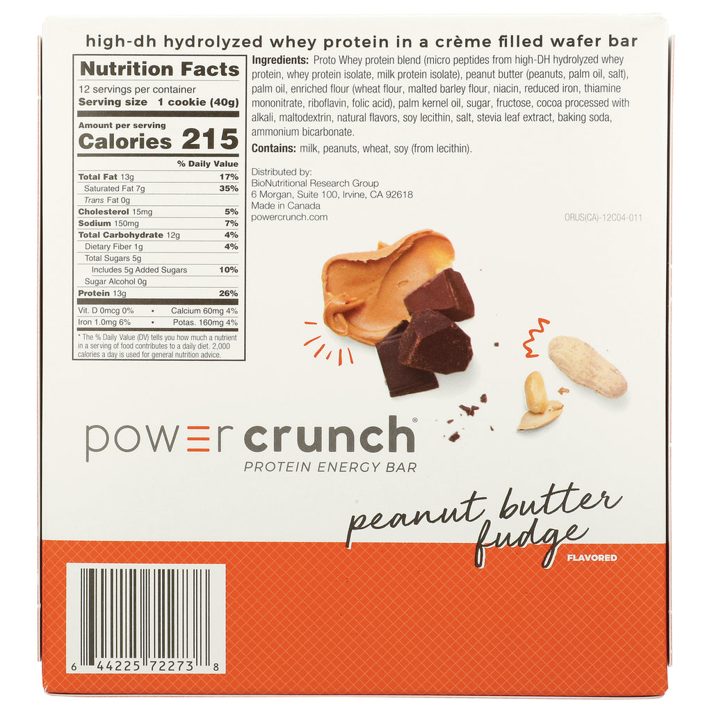 BNR004 | Back of Power Crunch peanut butter fudge box showing Nutrition Facts, ingredients, and barcode - Thumbnail