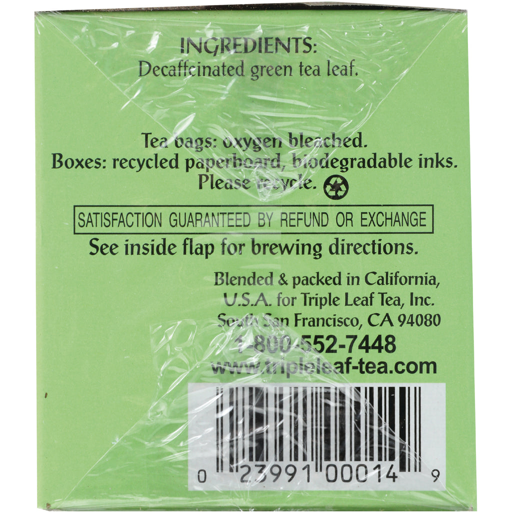 TLT001 | Back of Triple Leaf Tea box with Ingredients: Decaffeinated green tea leaf, contact info, barcode - Thumbnail