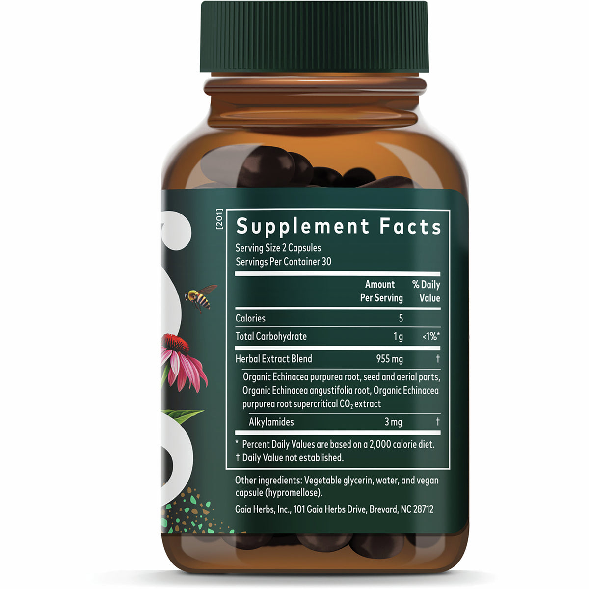 GH007 | Back label showing Supplement Facts panel for 2-capsule serving, herbal extract blend amounts, and other ingredients