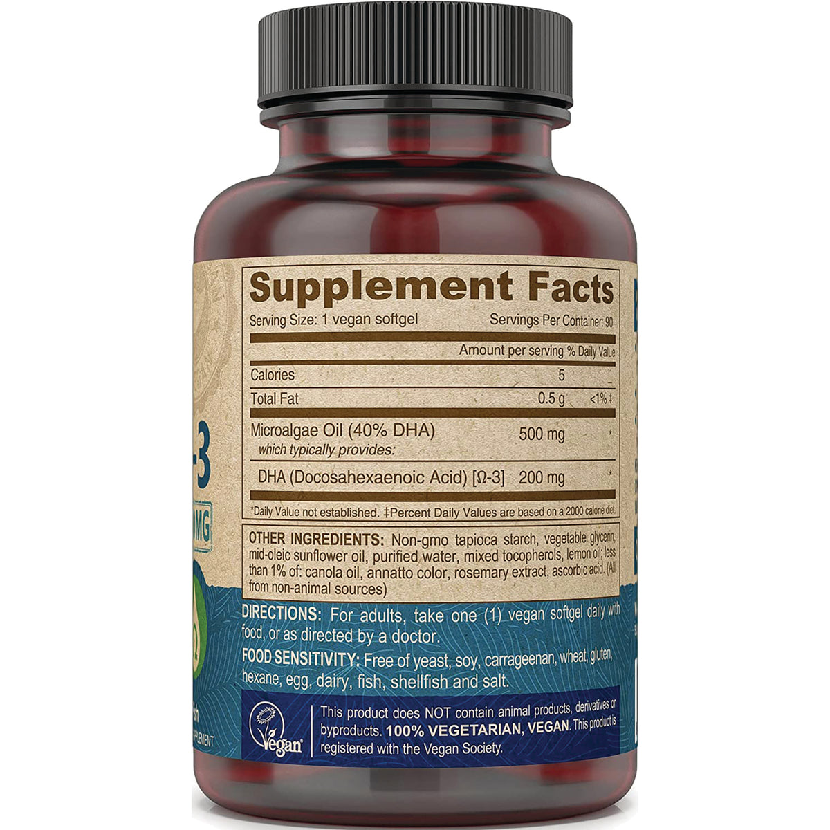 DEV004 | Back of supplement bottle showing Supplement Facts panel, ingredients, directions, and vegan claim