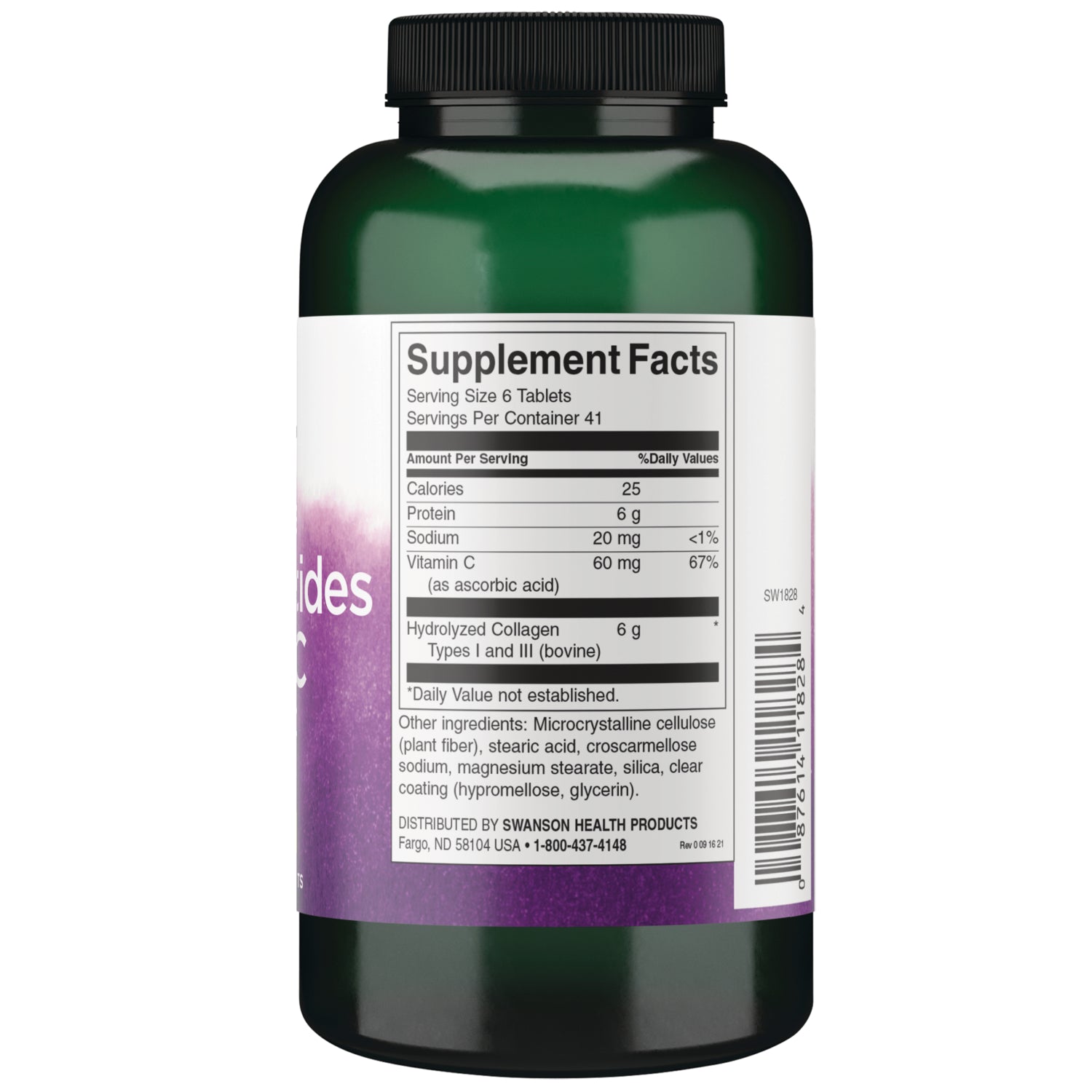 SW1828 | Back label with Supplement Facts and ingredients for hydrolyzed collagen tablets; serving size 6 tablets