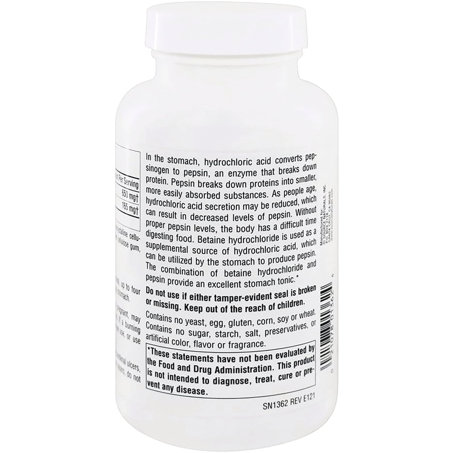 SN174 | Supplement bottle back label with ingredient details, warnings, and FDA disclaimer text