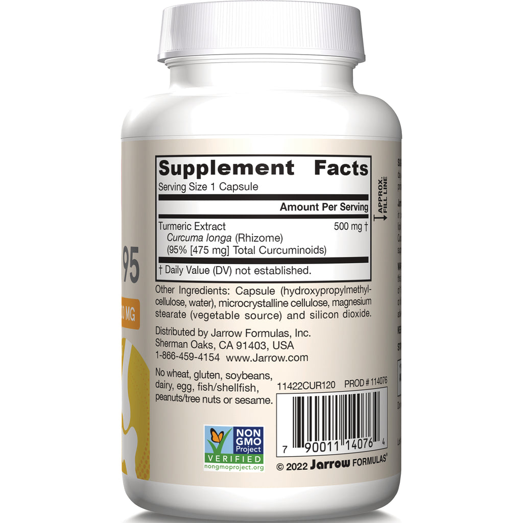 JR187 | Back label of white supplement bottle showing Supplement Facts for turmeric extract 500 mg, ingredients and barcode - Thumbnail