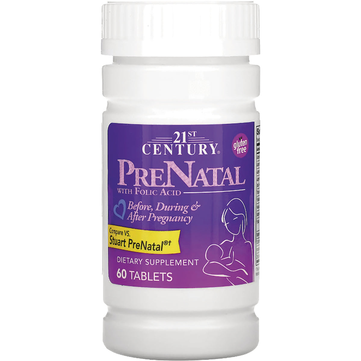 CNT213 | 21st Century PreNatal dietary supplement bottle with folic acid, purple label showing 60 tablets