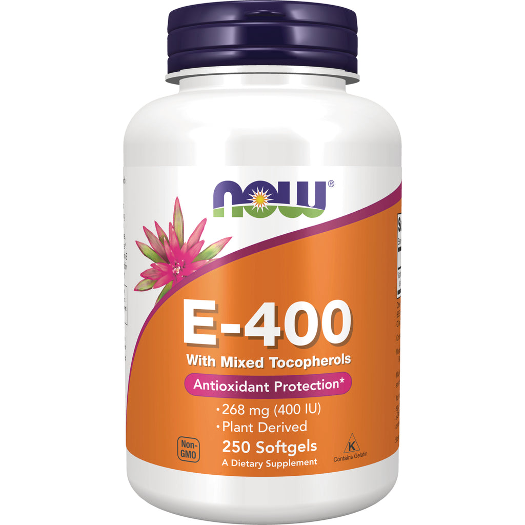 NWF881 | NOW E-400 250-count softgels bottle with orange label reading E-400 and Antioxidant Protection - Thumbnail