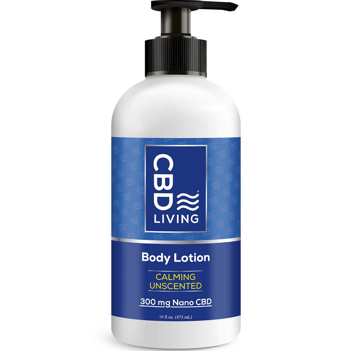 CBD036 | white pump bottle with blue label reading CBD LIVING Body Lotion Calming Unscented 300 mg Nano CBD 16 fl oz