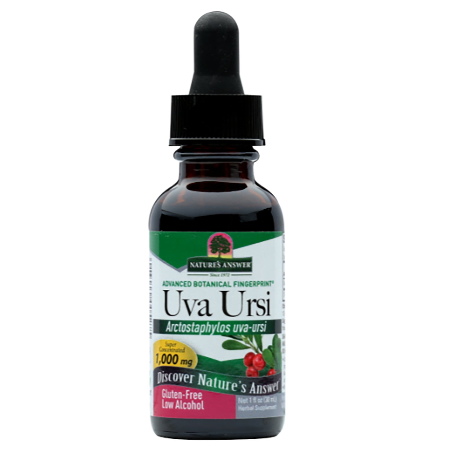 NAT319 | amber dropper bottle labeled Uva Ursi herbal extract by Nature's Answer, 1,000 mg, gluten-free low alcohol