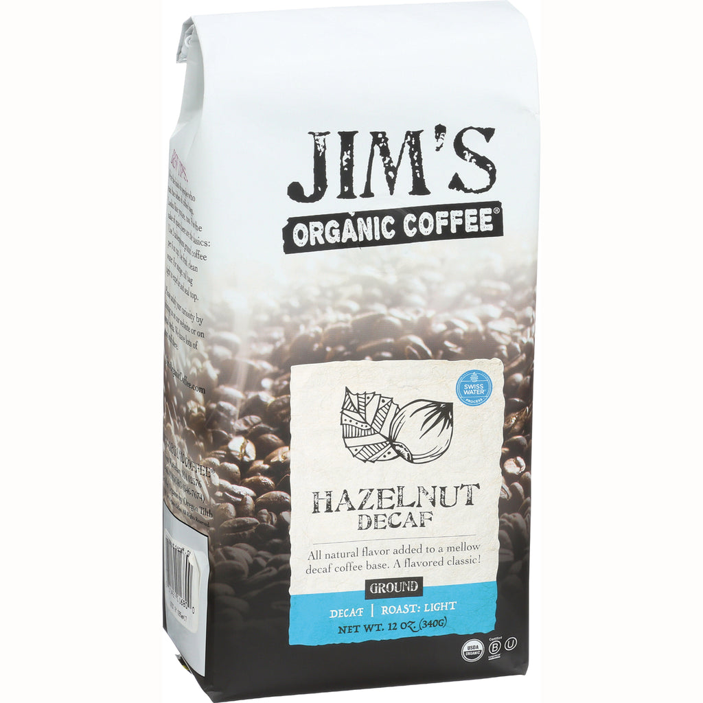 JOC010 | Jim's Organic Coffee Hazelnut Decaf ground coffee bag, light roast, 12 oz - Thumbnail