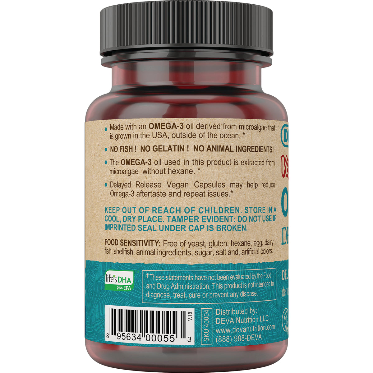 back label of vegan omega-3 supplement bottle showing ingredients, storage warnings, and barcode