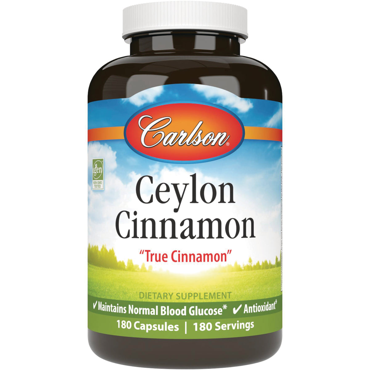 CSN268 | Carlson Ceylon Cinnamon supplement bottle labeled True Cinnamon 180 Capsules maintains normal blood glucose