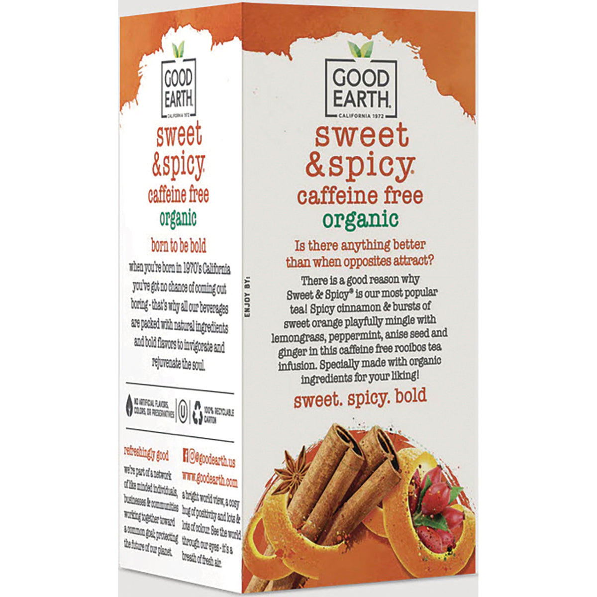GET019 | back of Good Earth Sweet & Spicy caffeine free organic tea box showing ingredients and product description