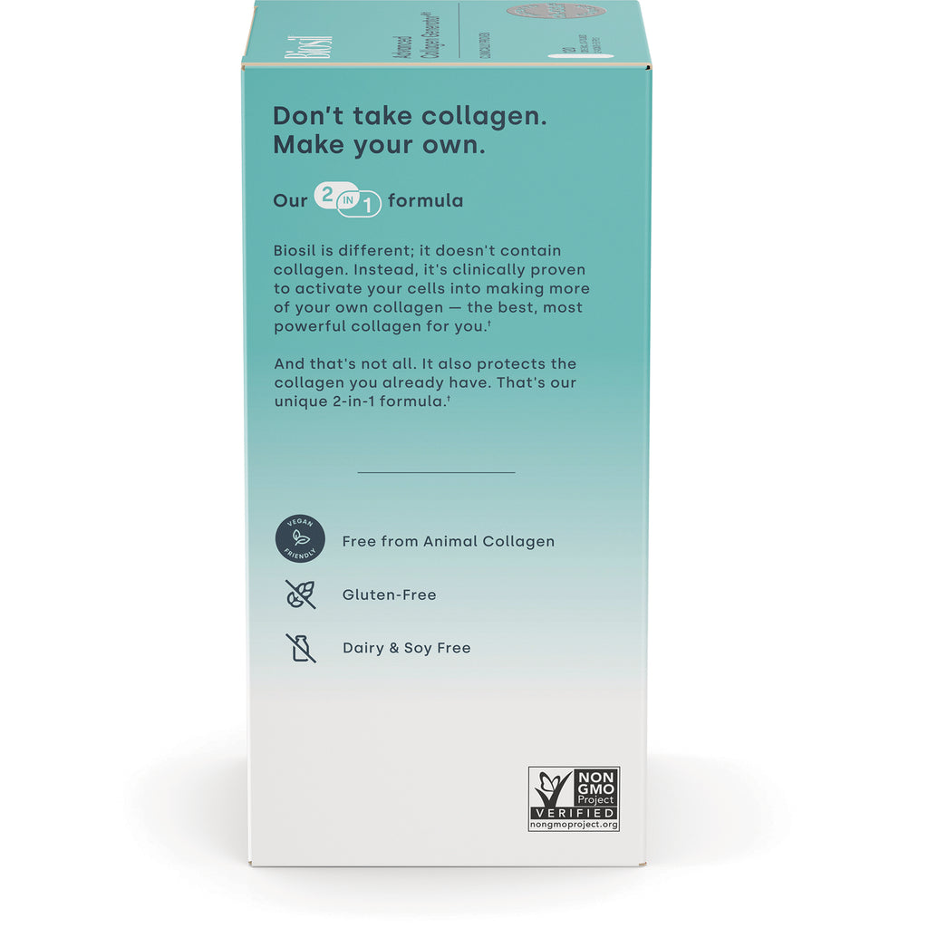 NFC103 | back of Biosil box showing HAIR, SKIN, NAILS text and paragraph about collagen benefits - Thumbnail