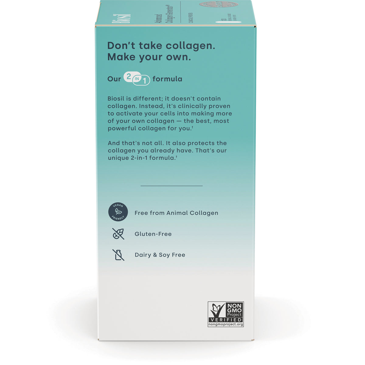 NFC103 | back of Biosil box showing HAIR, SKIN, NAILS text and paragraph about collagen benefits