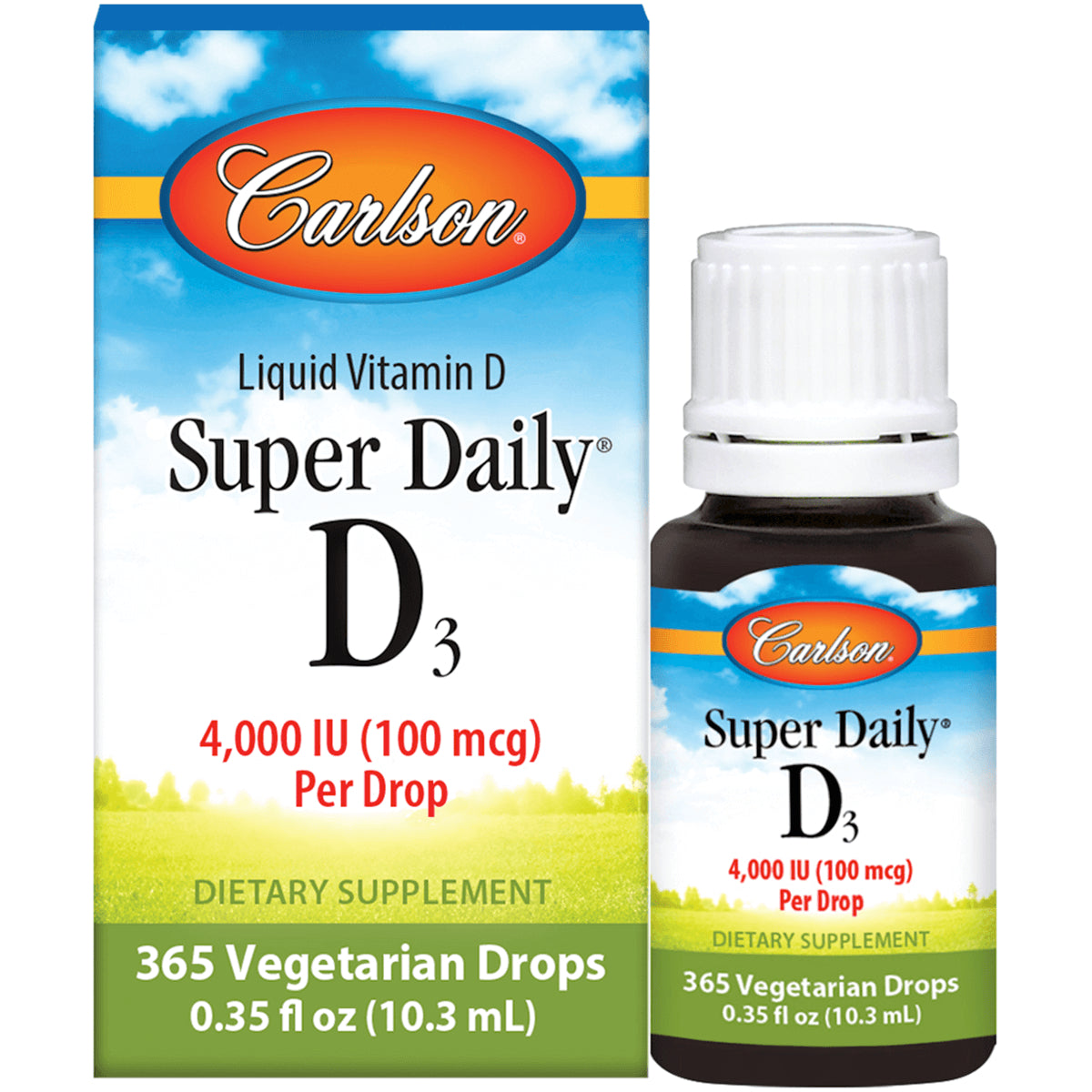CSN230 | Carlson Super Daily D3 liquid vitamin bottle and box labeled 4,000 IU (100 mcg) per drop, 365 vegetarian drops