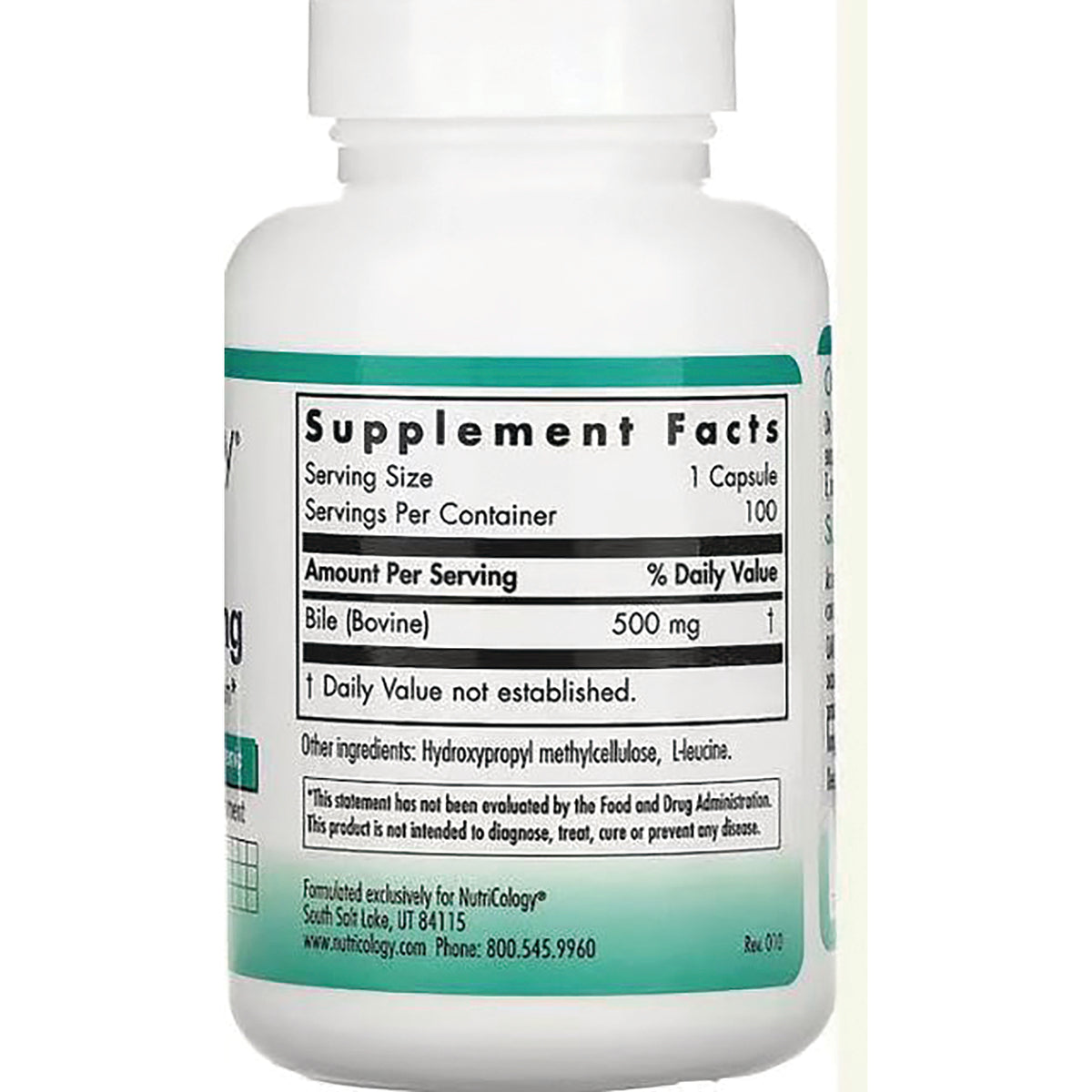 NCL013 | back label showing Supplement Facts panel with Serving Size 1 capsule and Bile (Bovine) 500 mg