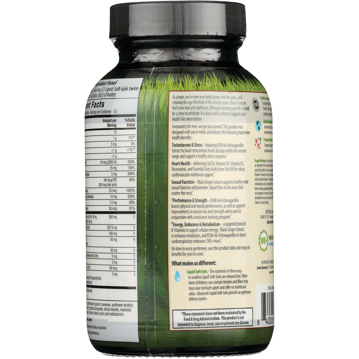 IR256 | Back label of green supplement bottle showing Supplement Facts panel and product ingredient and usage text