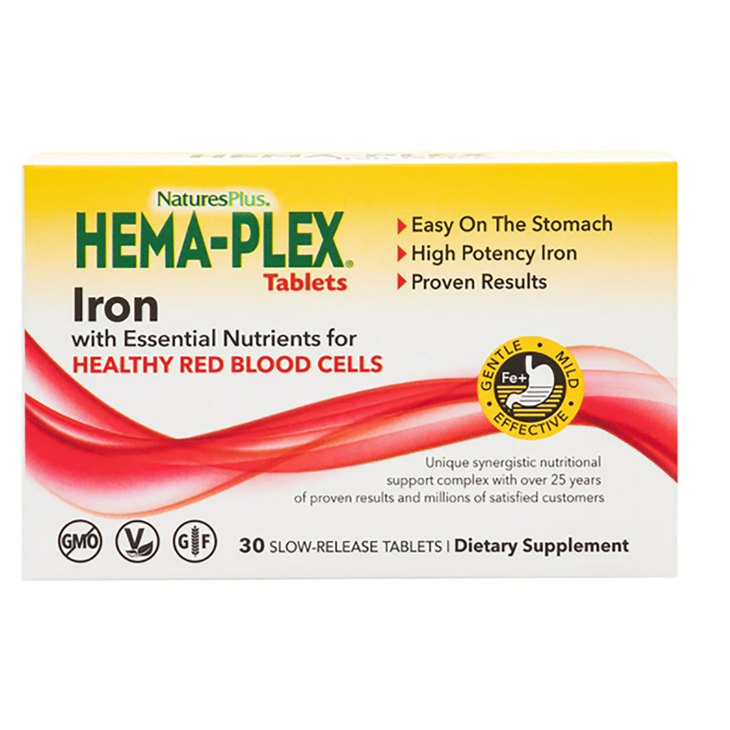 NTP070 | Hema-Plex iron tablets box with NaturesPlus branding, healthy red blood cells claim and 30 slow-release tablets - Thumbnail