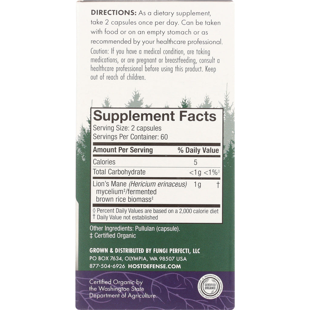 Supplement facts and directions on back of supplement box showing Serving Size: 2 capsules, Lion's Mane 1 g, other ingredients and company info - Thumbnail