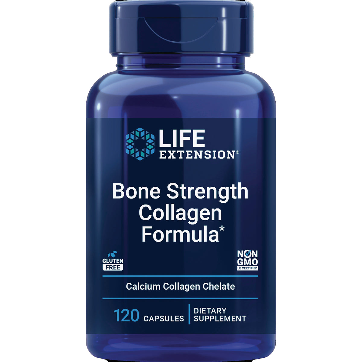 LE225 | Life Extension Bone Strength Collagen Formula bottle, 120 capsules, calcium collagen chelate, non-GMO