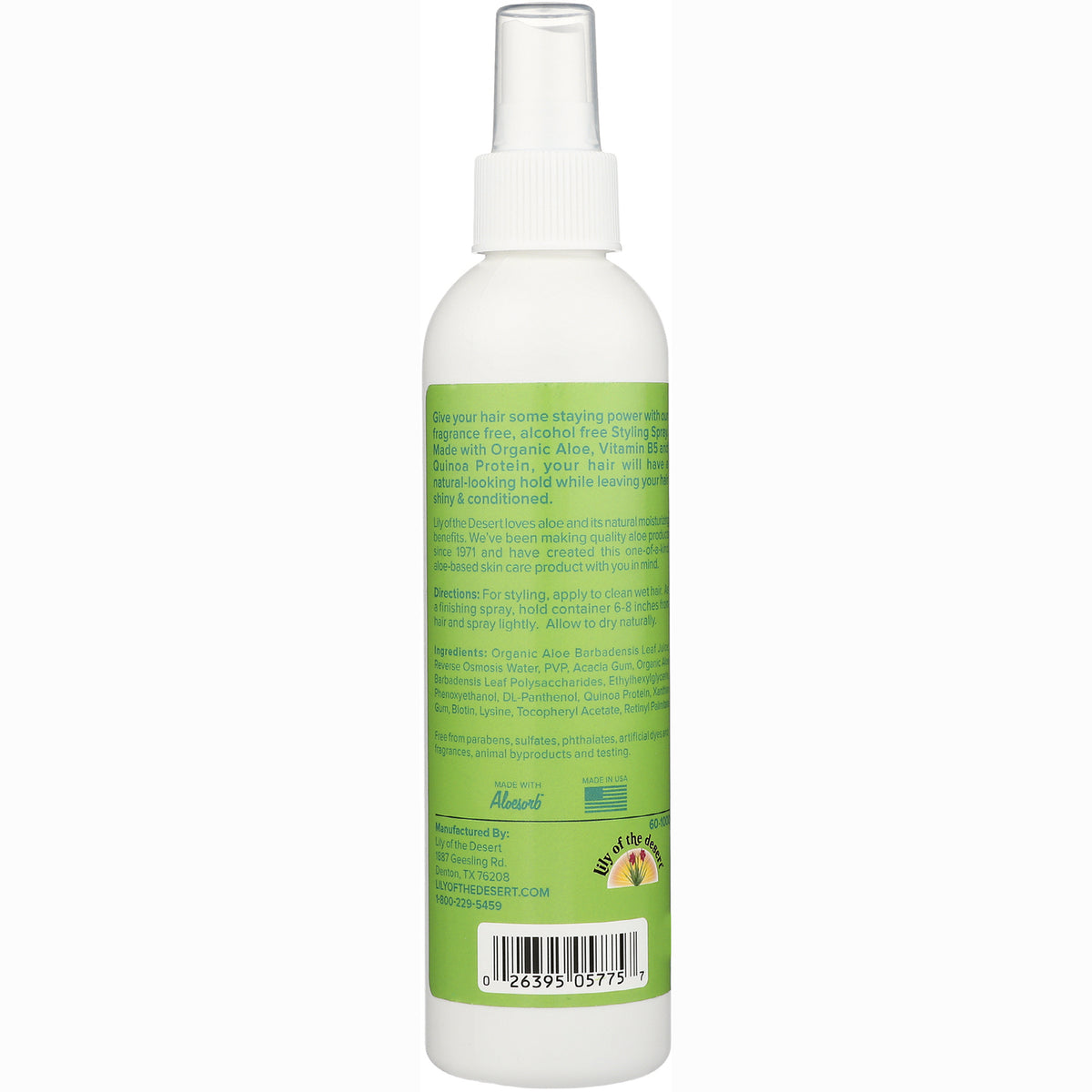 LIL009 | Back label of white spray bottle showing ingredients, directions and barcode