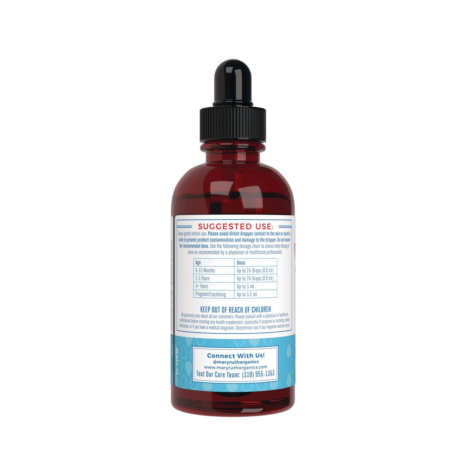 MRR037 | Back of amber dropper bottle showing label reading SUGGESTED USE and dosage chart