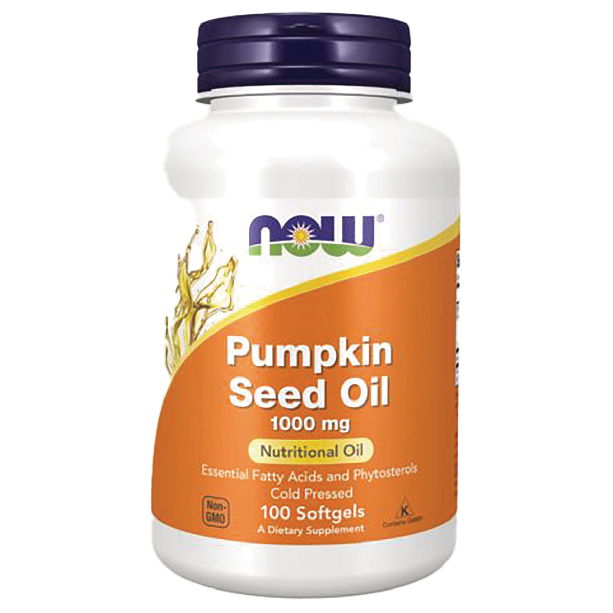 NWF377 | NOW Pumpkin Seed Oil 1000 mg bottle with orange label, 100 softgels