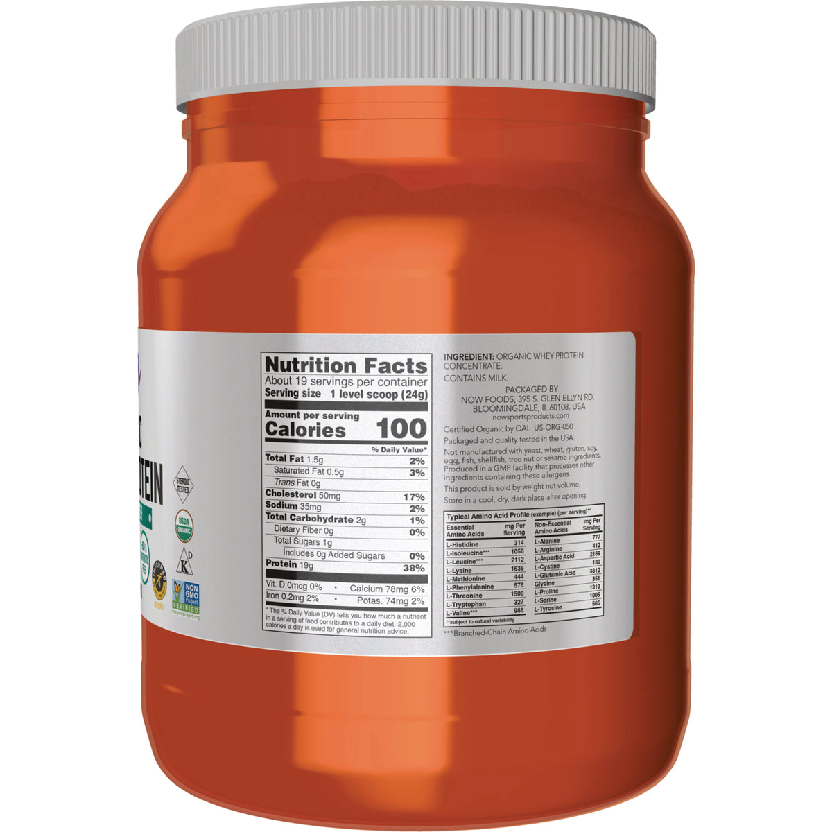 NWF969 | back of orange supplement jar showing Nutrition Facts panel and ingredient and amino acid tables 100 calories per serving