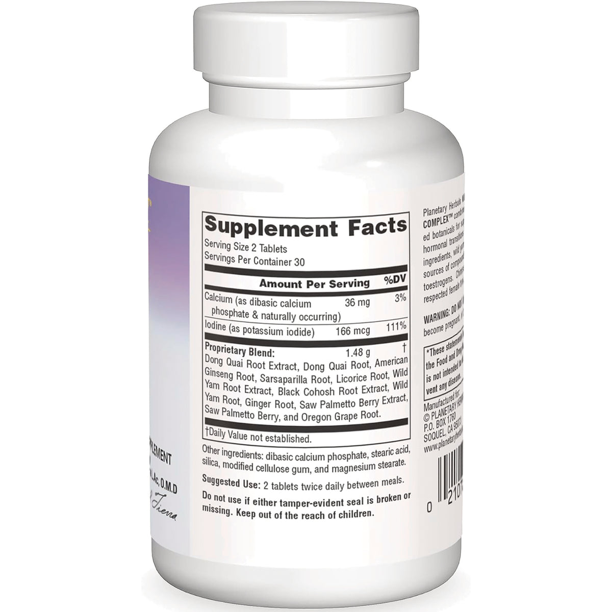 PF141 | Back of white supplement bottle showing Supplement Facts panel, ingredient list, and barcode