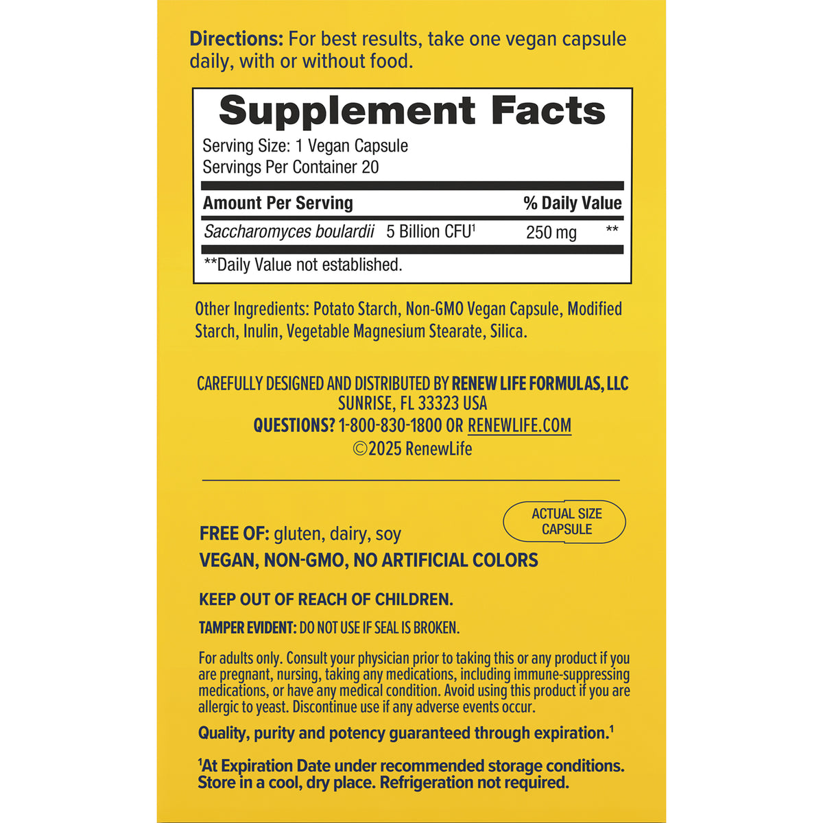 RNL254 | Back panel showing Supplement Facts, ingredients, warnings, and actual size capsule on yellow packaging