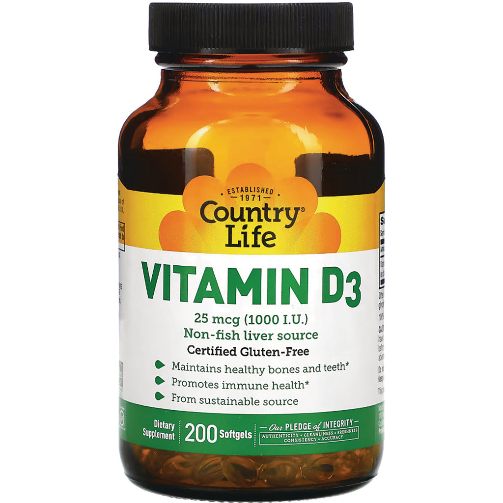 CRL400 | Country Life Vitamin D3 25 mcg (1000 I.U.) amber bottle with white label, 200 softgels - Thumbnail