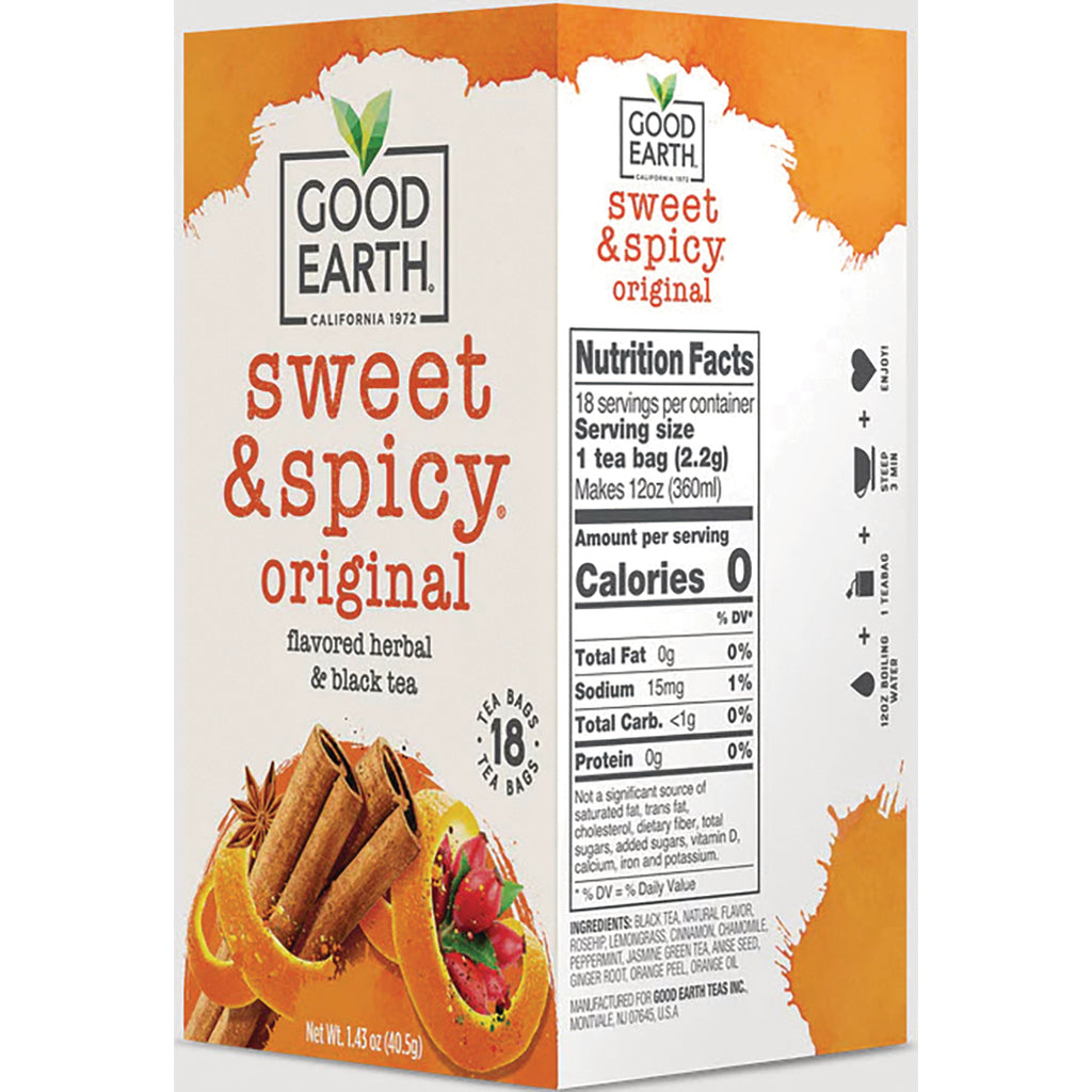GET008 | Good Earth sweet & spicy original tea box back panel showing nutrition facts, ingredients, and cinnamon and orange peel illustration - Thumbnail