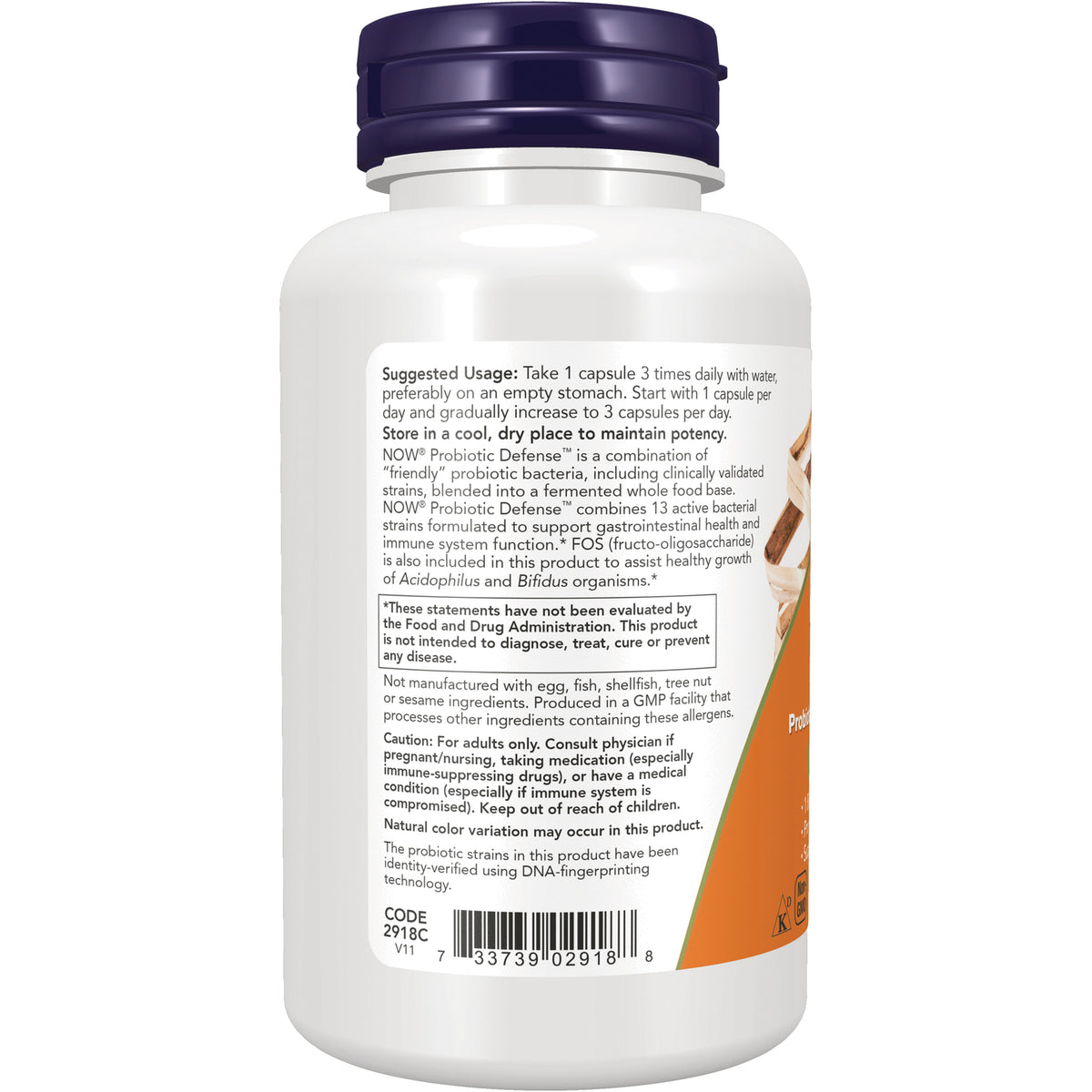 NWF775 | Back of white supplement bottle showing suggested usage, warnings, ingredient panel and barcode